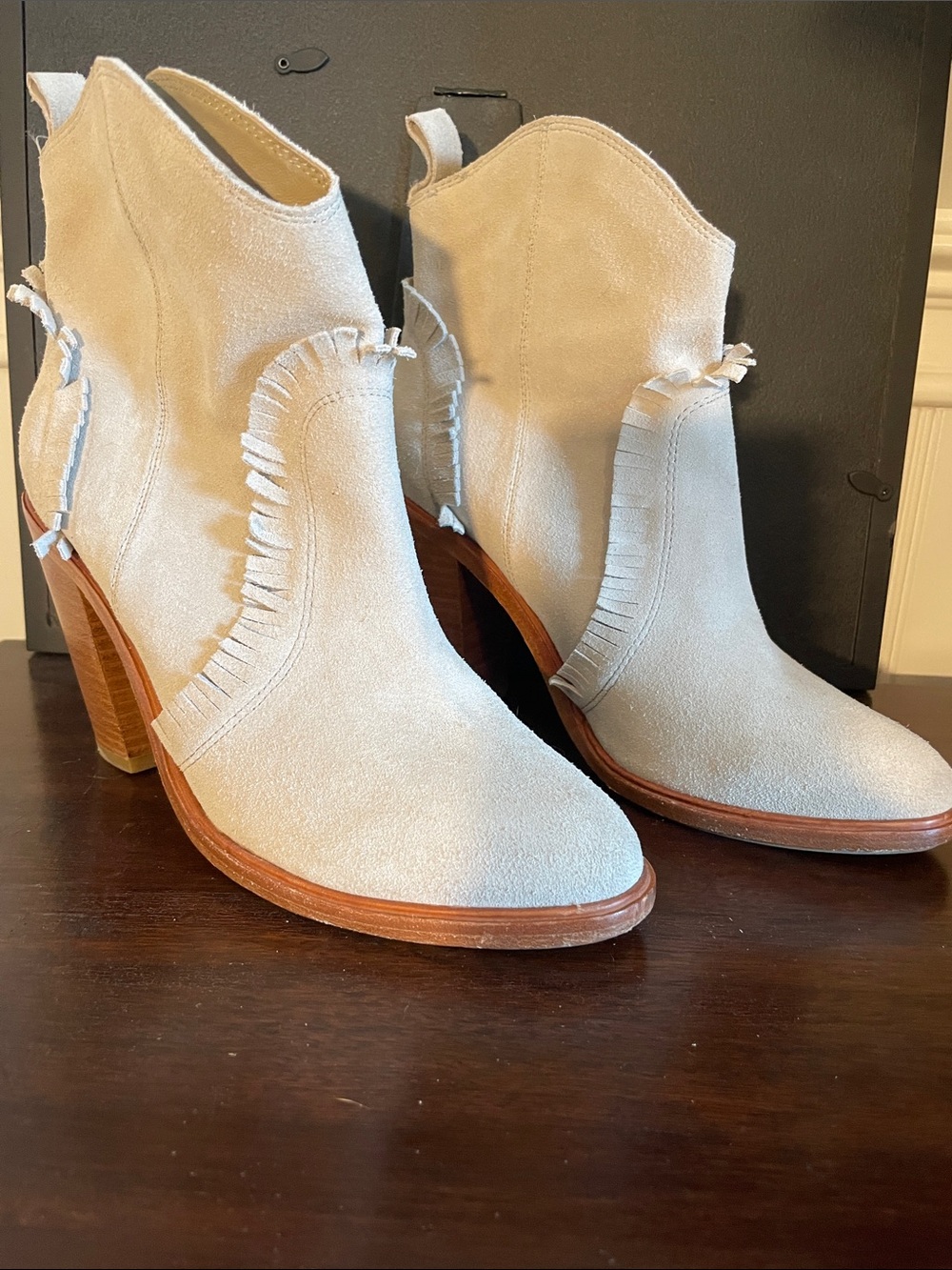 Joie Light Beige Suede Fringe Ankle Booties